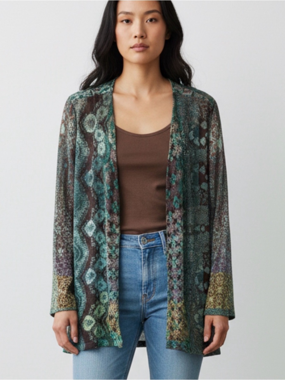 Soft Surounding Open-Front Patterned Cardigan Sweater in Teal and Brown